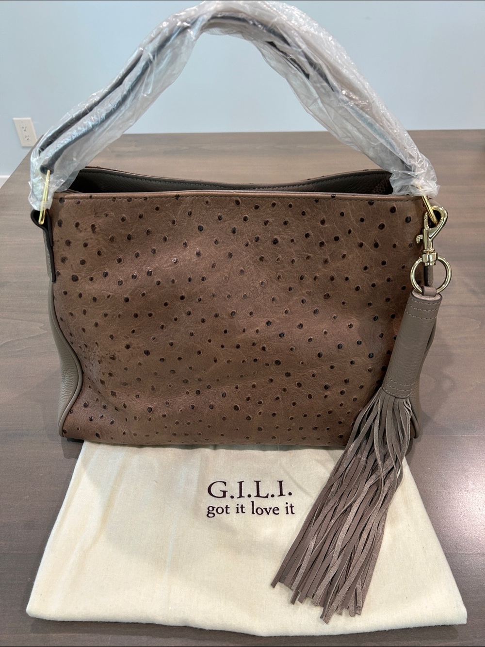 G.I.L.I. Taupe Ostrich-Embossed Top Handle Bag (Lisa Robertson Era)